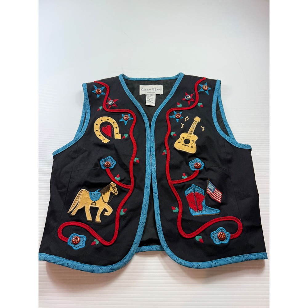Sharon Young Sportswear Western Embroidered Vest Black Turquoise Horse Star S